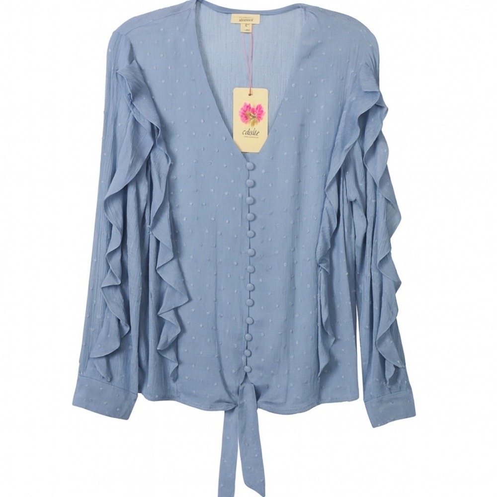 Entro Light Blue Ruffle Blouse – Size Small – NWT – Boho Romantic Tie Front Top